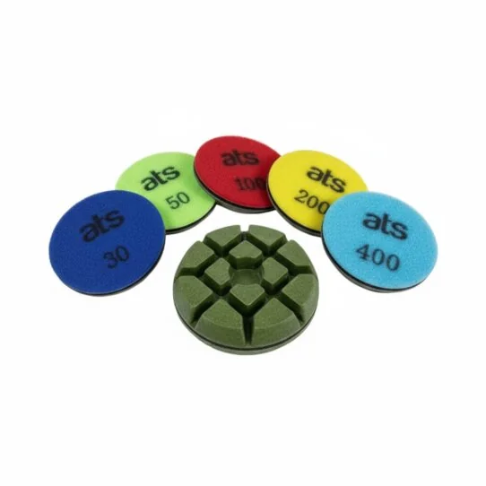 ATS Diamond Tools 75mm Dry Marble Polishing Pucks for professional marble polishing, compatible with major machines.